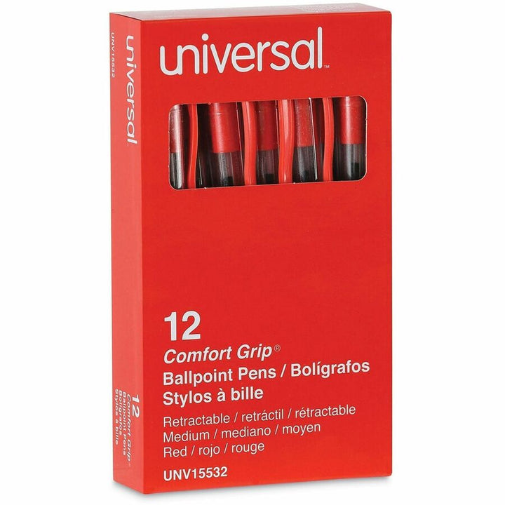 Image of Universal 15532 Comfort Grip Ballpoint Pen, 1 mm Medium Conical Pen Point, Retractable, Red Ink, Clear, Red Barrel, 12 / Dozen