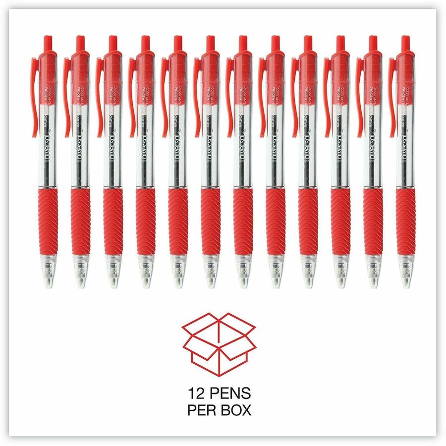Image of Universal 15532 Comfort Grip Ballpoint Pen, 1 mm Medium Conical Pen Point, Retractable, Red Ink, Clear, Red Barrel, 12 / Dozen