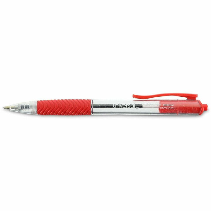 Image of Universal 15532 Comfort Grip Ballpoint Pen, 1 mm Medium Conical Pen Point, Retractable, Red Ink, Clear, Red Barrel, 12 / Dozen