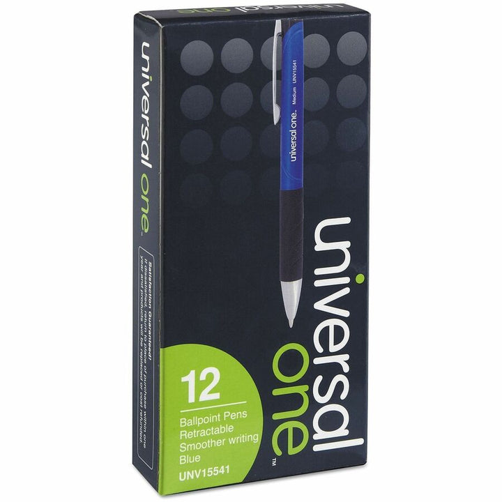 Image of Universal 15541 Comfort Grip Ballpoint Pen, 1 mm Medium Conical Pen Point, Retractable, Blue Ink, Blue, Black Barrel, 12 / Dozen