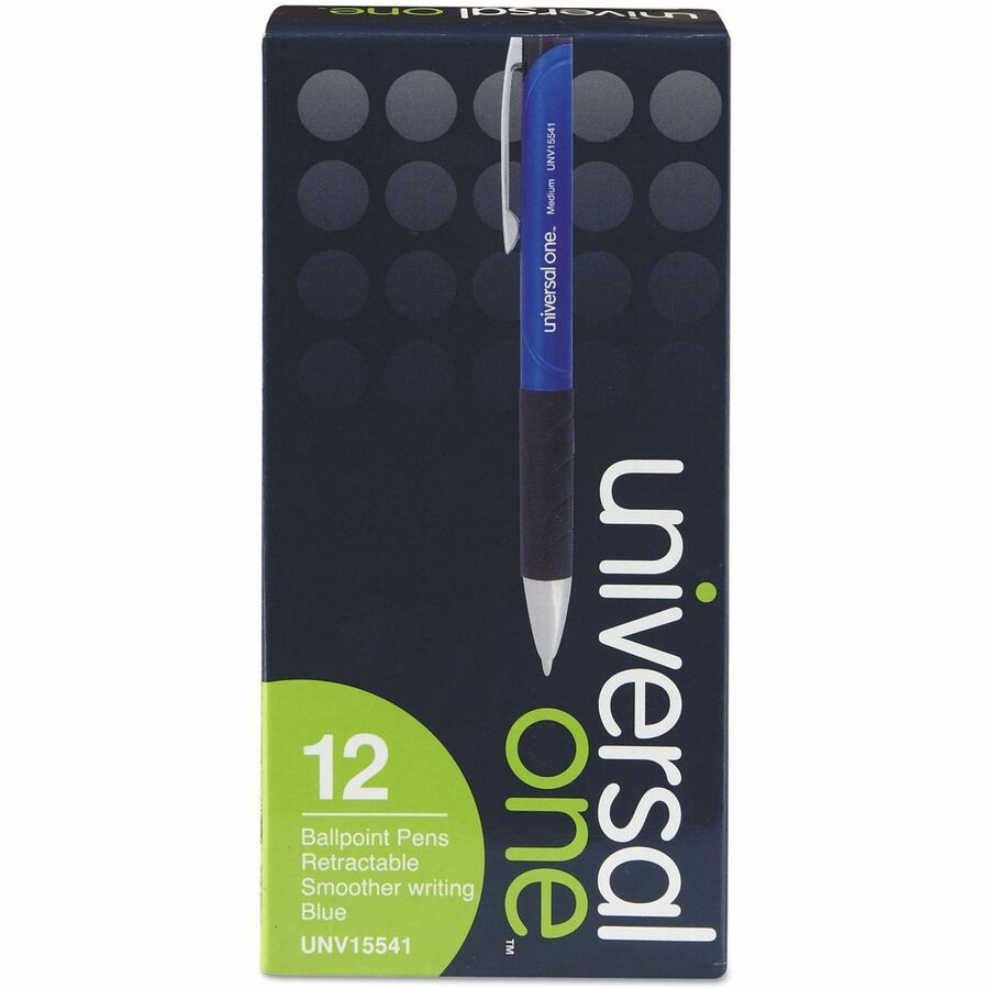 Image of Universal 15541 Comfort Grip Ballpoint Pen, 1 mm Medium Conical Pen Point, Retractable, Blue Ink, Blue, Black Barrel, 12 / Dozen