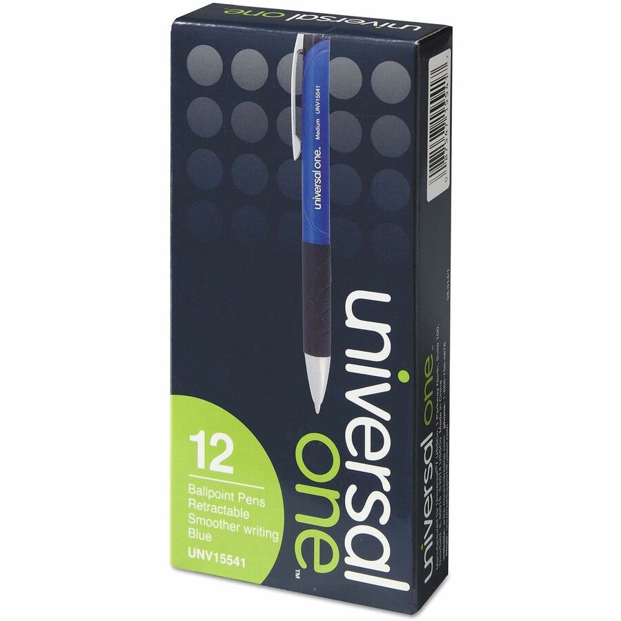 Image of Universal 15541 Comfort Grip Ballpoint Pen, 1 mm Medium Conical Pen Point, Retractable, Blue Ink, Blue, Black Barrel, 12 / Dozen