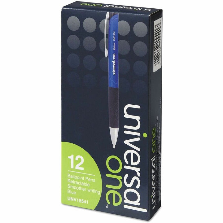 Image of Universal 15541 Comfort Grip Ballpoint Pen, 1 mm Medium Conical Pen Point, Retractable, Blue Ink, Blue, Black Barrel, 12 / Dozen