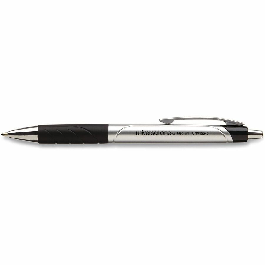 Image of Universal 15540 Comfort Grip Ballpoint Pen, 1 mm Medium Conical Pen Point, Retractable, Black Ink, Silver, Black Barrel, 12 / Dozen