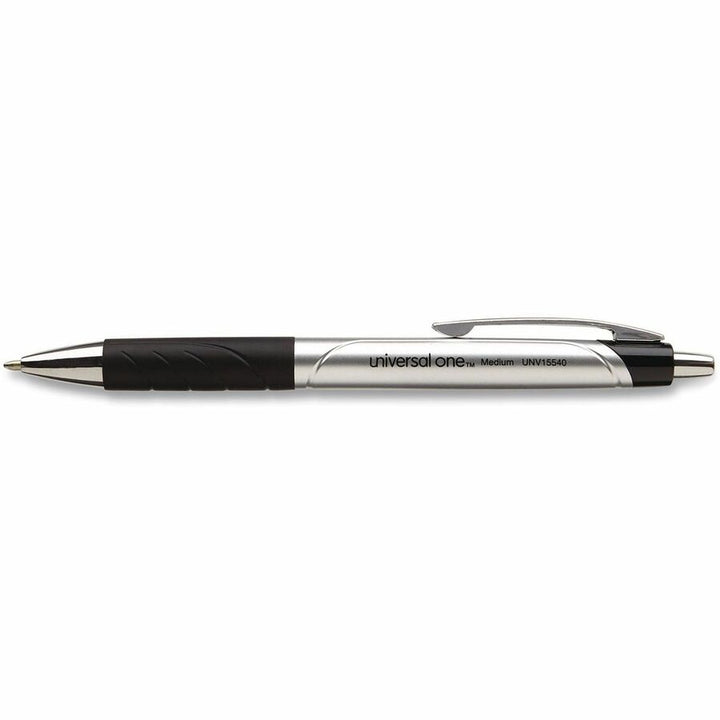 Image of Universal 15540 Comfort Grip Ballpoint Pen, 1 mm Medium Conical Pen Point, Retractable, Black Ink, Silver, Black Barrel, 12 / Dozen