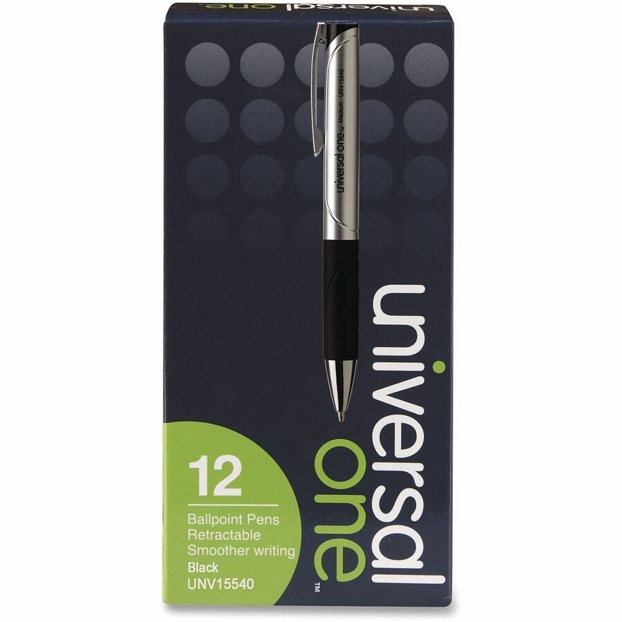 Image of Universal 15540 Comfort Grip Ballpoint Pen, 1 mm Medium Conical Pen Point, Retractable, Black Ink, Silver, Black Barrel, 12 / Dozen