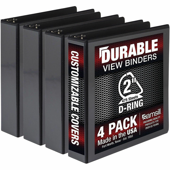 Image of Samsill® Durable D-Ring View Binders, 3 Rings, 2" Capacity, 11.5" x 8.5", Black, 4/Pack