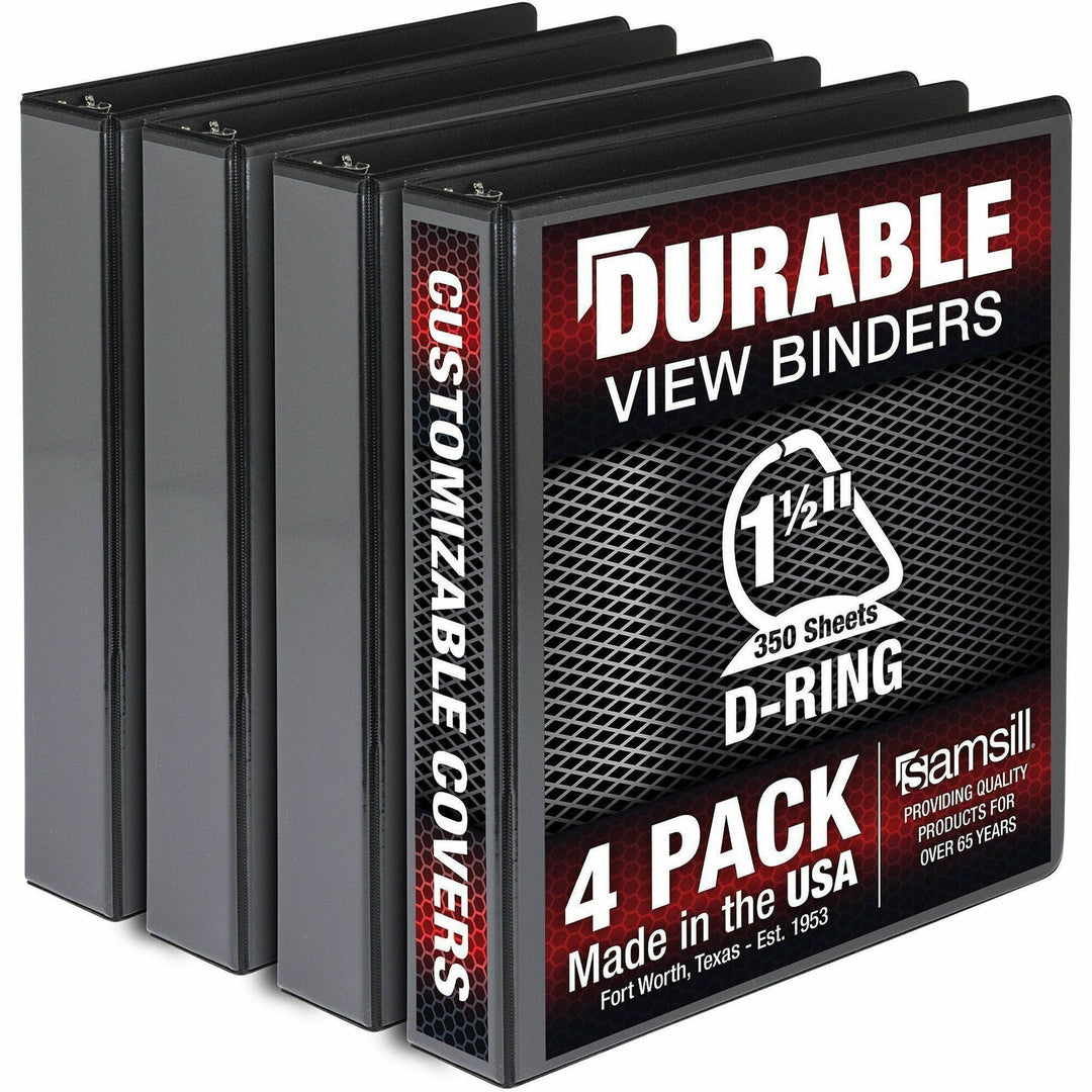 Image of Samsill® Durable D-Ring View Binders, 3 Rings, 1.5" Capacity, 11.5" x 8.5", Black, 4/Pack