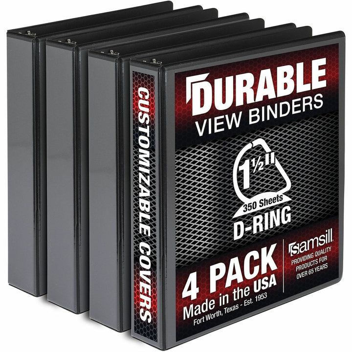 Image of Samsill® Durable D-Ring View Binders, 3 Rings, 1.5" Capacity, 11.5" x 8.5", Black, 4/Pack