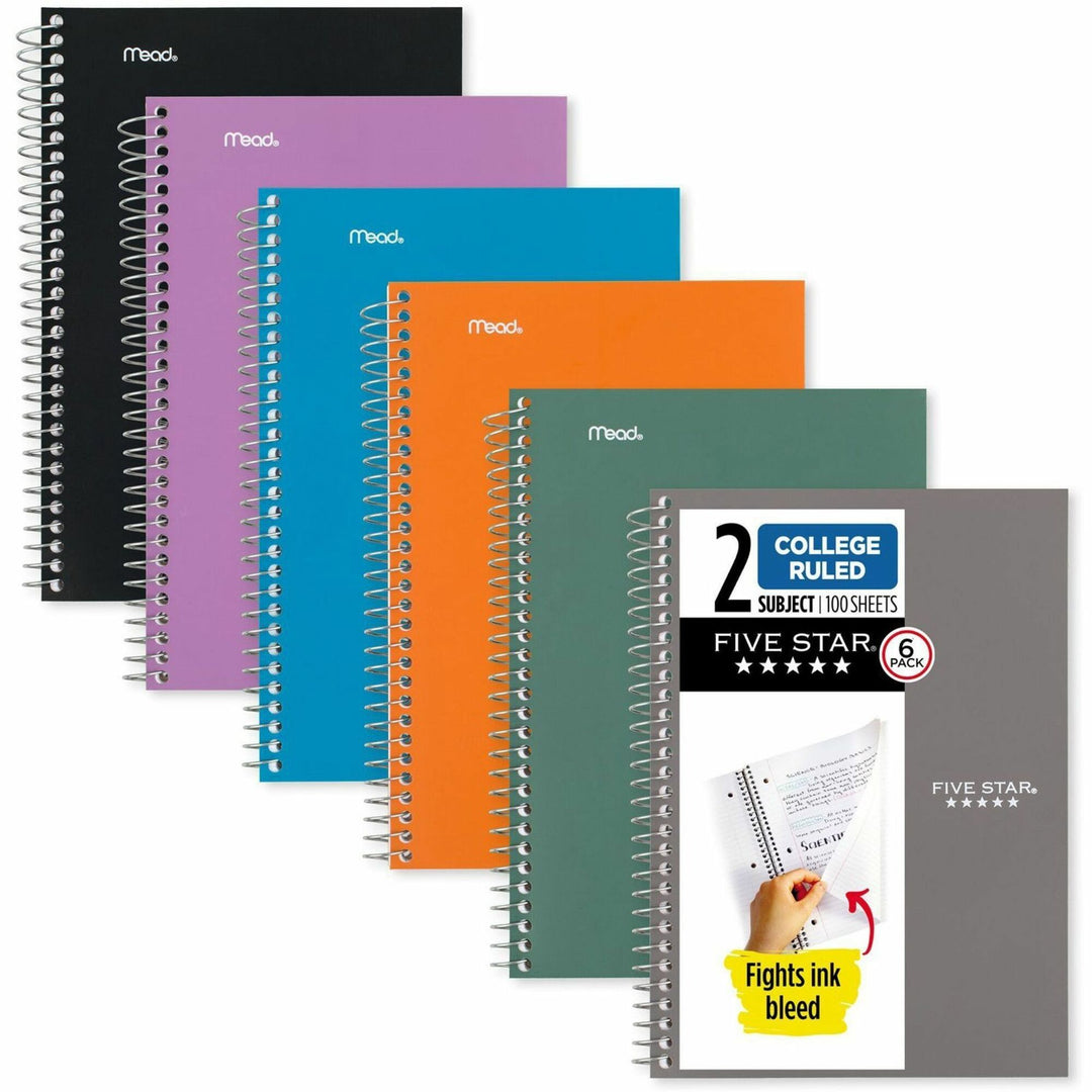 Image of Five Star® Wirebound Notebook, 2-Subject, Medium/College Rule, Assorted Cover Colors, (80) 9.5 x 6.52 Sheets, 6/Pack