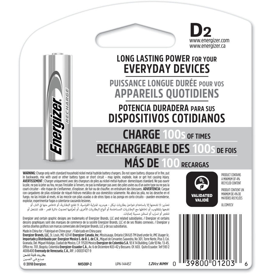 Image of Energizer® Nimh Rechargeable D Batteries, 1.2 V, 2/pack