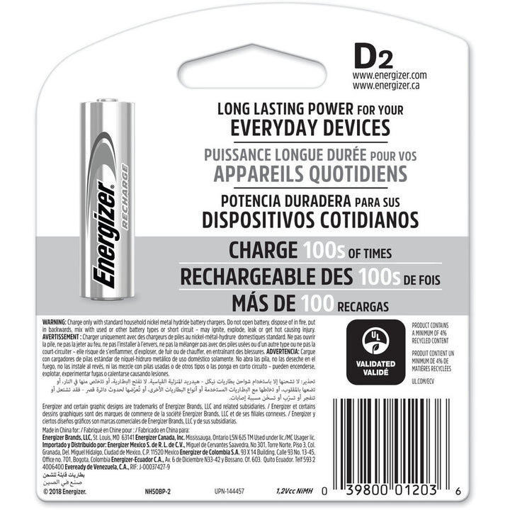Image of Energizer® Nimh Rechargeable D Batteries, 1.2 V, 2/pack