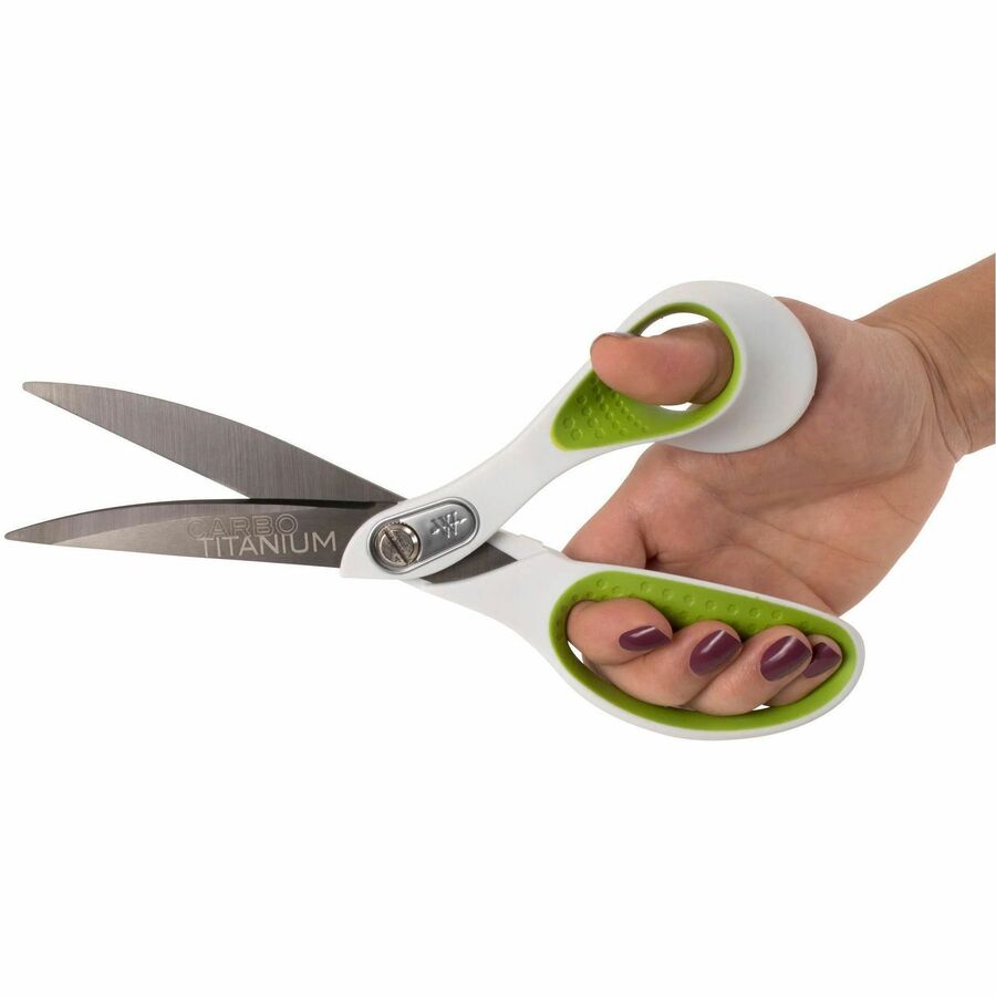Image of Westcott® CarboTitanium Bonded Scissors, 9" Long, 4.5" Cut Length, Offset White/Green Handle