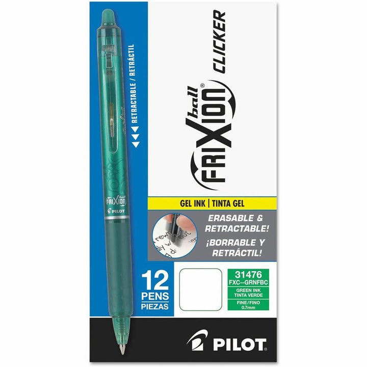 Image of Pilot® Frixion Clicker Erasable Gel Pen, Retractable, Fine 0.7 Mm, Green Ink, Green Barrel, Dozen