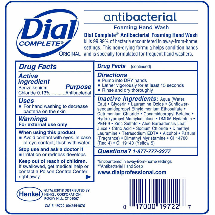Image of Dial® Handwash,Antibacterial,Foam,Refill,Original,1700ml,3/CT,OE
