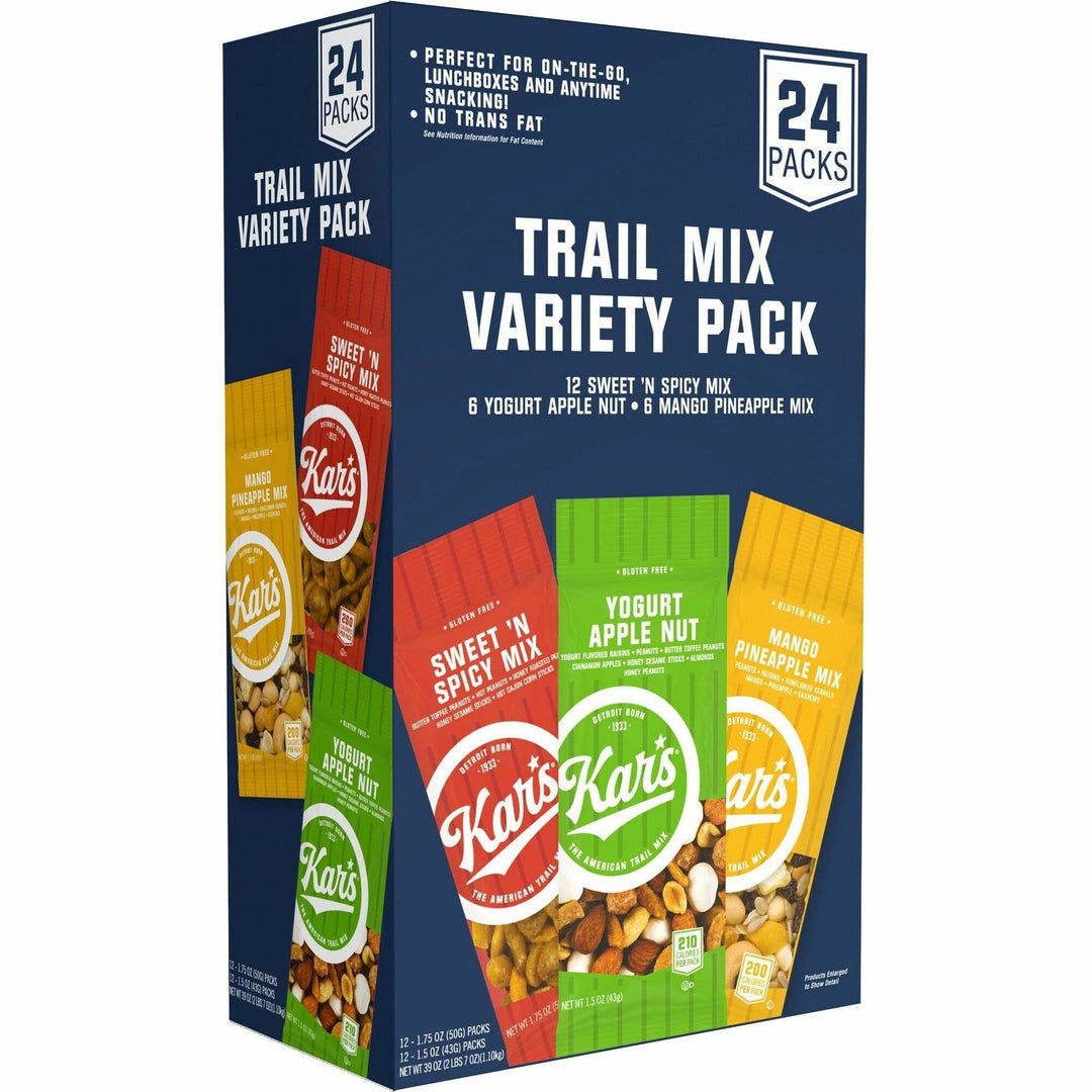 Image of Kar's 08363 Nuts Trail Mix Variety Pack, Individually Wrapped, Mango Pineapple, Spicy, Yogurt Apple, 24 / Box