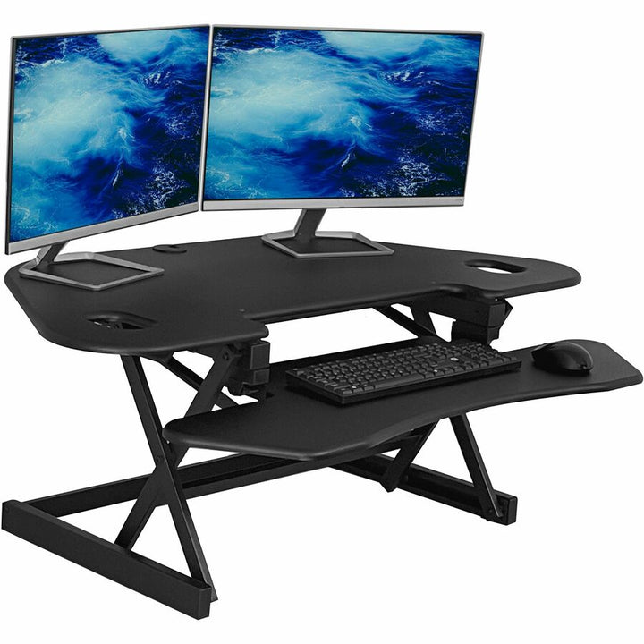Image of Rocelco Desk Riser,Corner,4 AC Outlets,Grommet,45-1/2"x23-1/4",BK