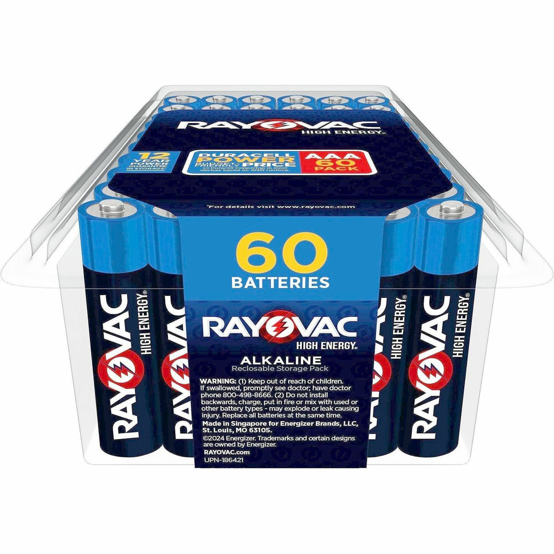 Image of Rayovac 82460PPK High Energy AAA Alkaline Batteries, For Home Appliance, Flashlight, Microphone, Remote Control, AAA, 1.5 V, 60 / Pack