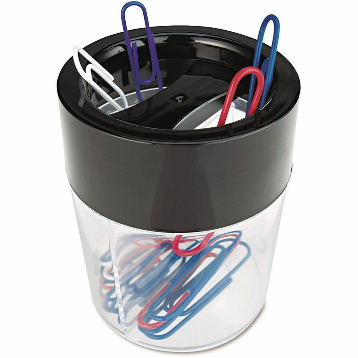 Image of Universal® Round Magnetic Clip Dispenser, 2 Compartments, Plastic, 2.5" Diameter x 3"h, Black/Clear