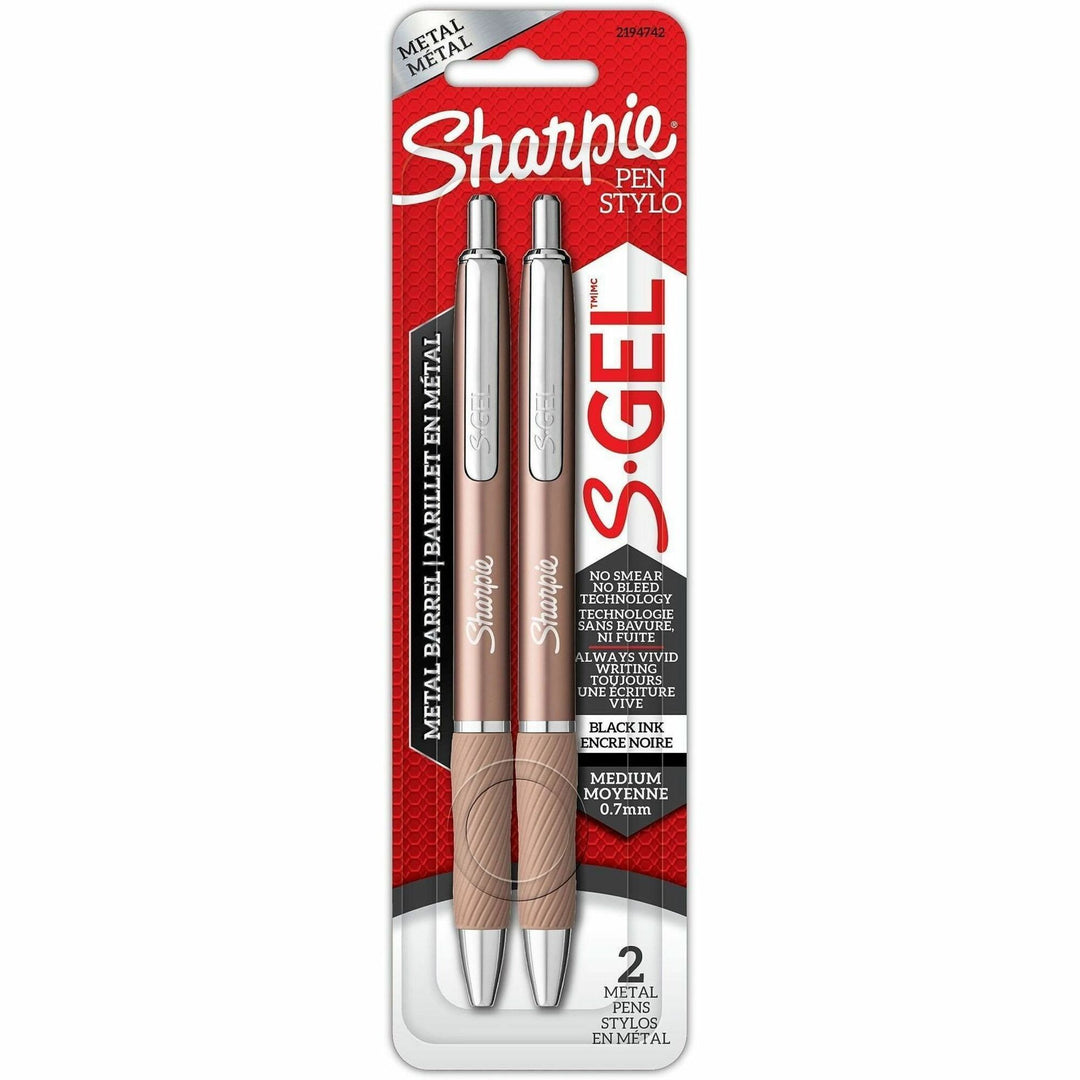 Image of Sharpie 2194742 S-Gel Pen, 0.7 mm Pen Point, Retractable, Black Ink, Gel-based, Rose Gold Metal Barrel, Writing, 2 / Pack
