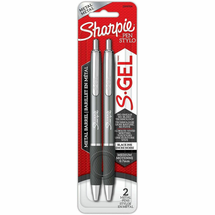 Image of Sharpie 2194704 S-Gel Pen, 0.7 mm Pen Point, Retractable, Black, Gray Ink, Gel-based, Gray Metal Barrel, 2 / Pack