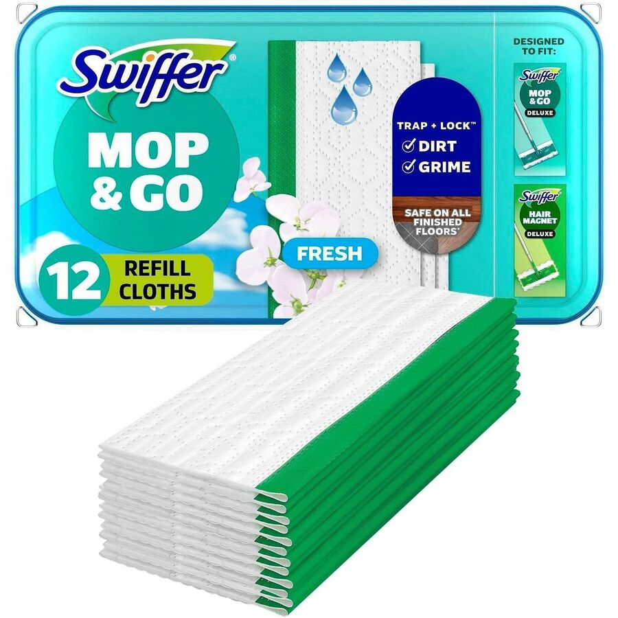 Image of Swiffer 08622 Sweeper Wet Cloths, 8" W x 10" Length, Disposable, Residue-free, Scented, Pre-moistened, Cloth, White, 12 / Pack