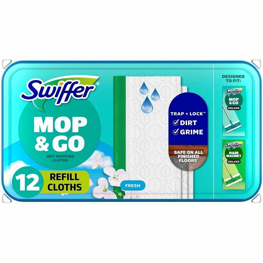 Image of Swiffer 08622 Sweeper Wet Cloths, 8" W x 10" Length, Disposable, Residue-free, Scented, Pre-moistened, Cloth, White, 12 / Pack