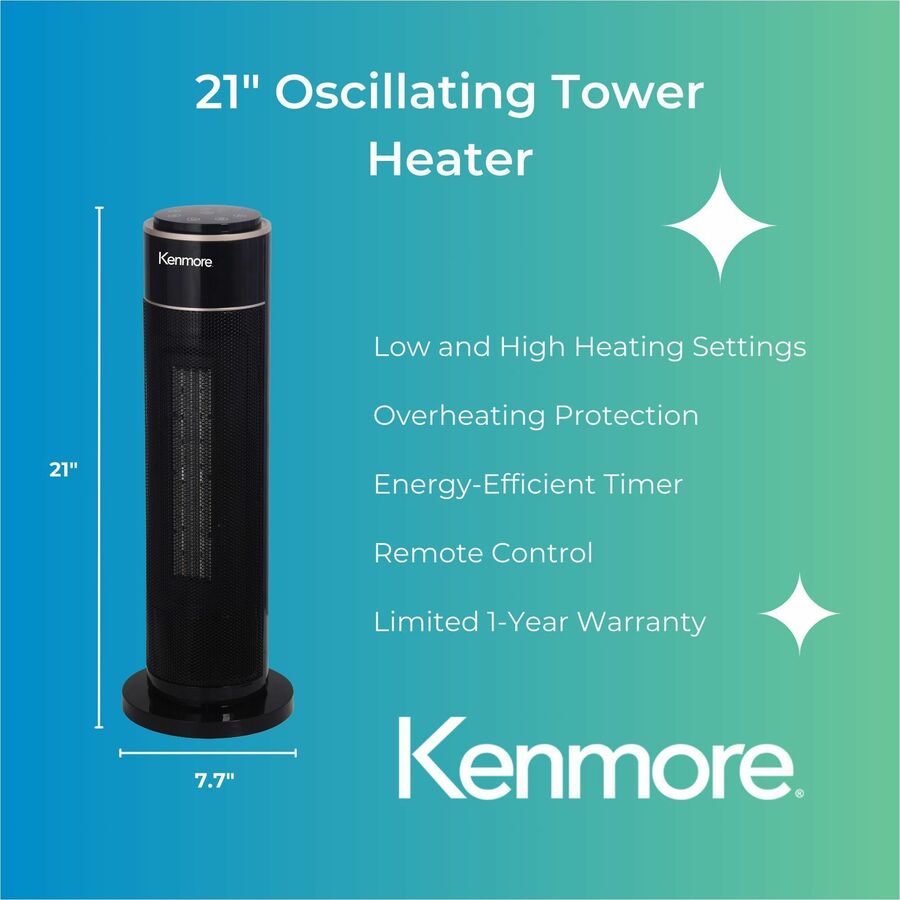 Image of ESM Heater,Tower,Oscillating,2 Settings,Remote,Timer,21"H,BK