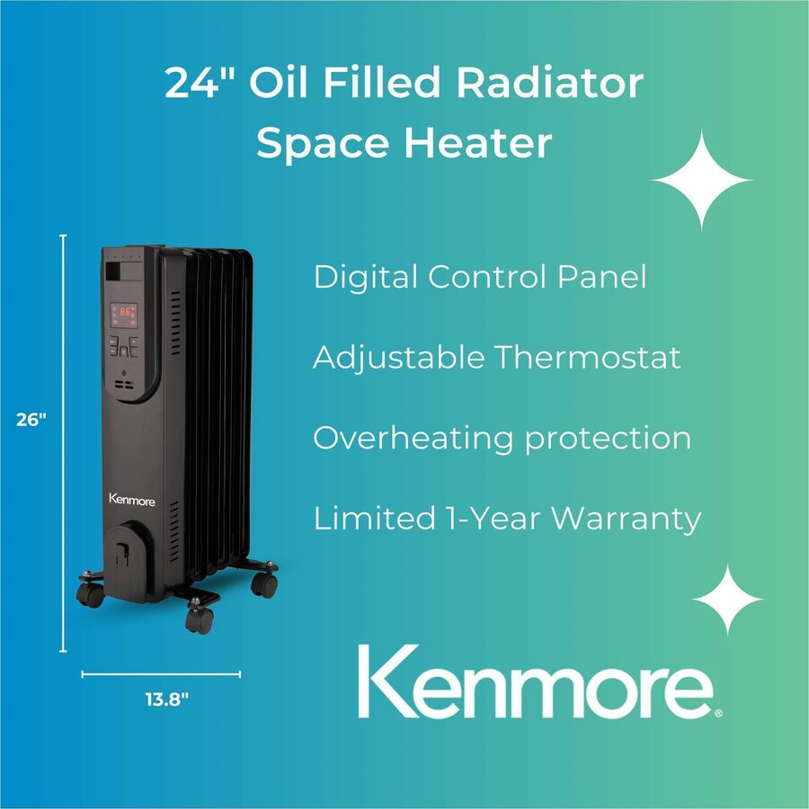 Image of ESM Heater,Oil-Filled,Radiator,1500W,Timer,24"H,BK