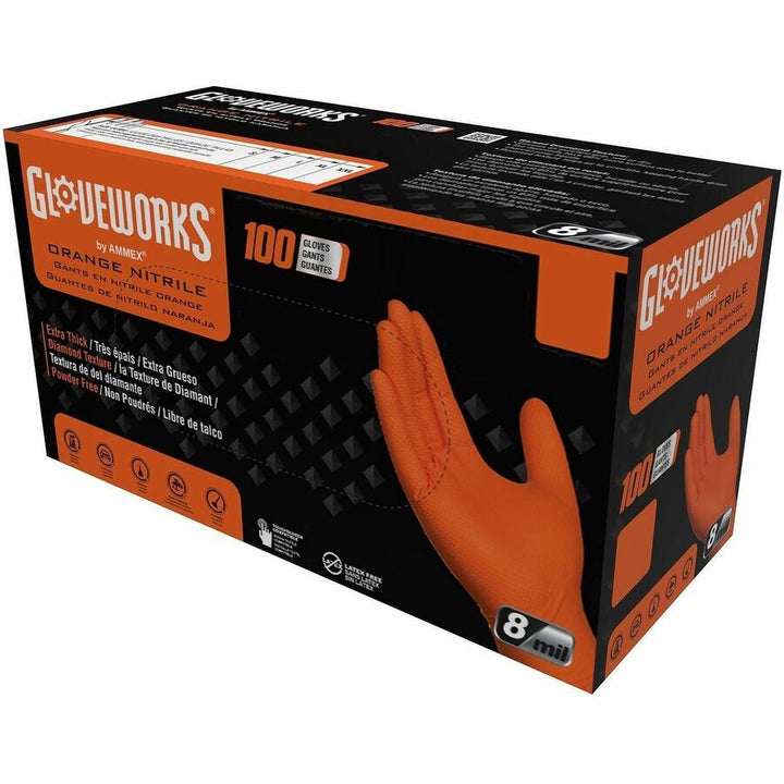 Image of Gloveworks GWON46100 Industrial Orange Raised Diamond Texture Nitrile Disposable Gloves