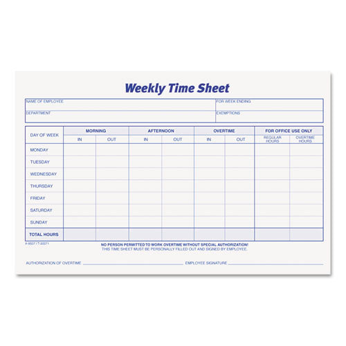 Image of TOPS 30071 Weekly Time Sheets, One-Part (No Copies), 8.5 x 5.5, 50 Forms/Pad, 2 Pads/Pack