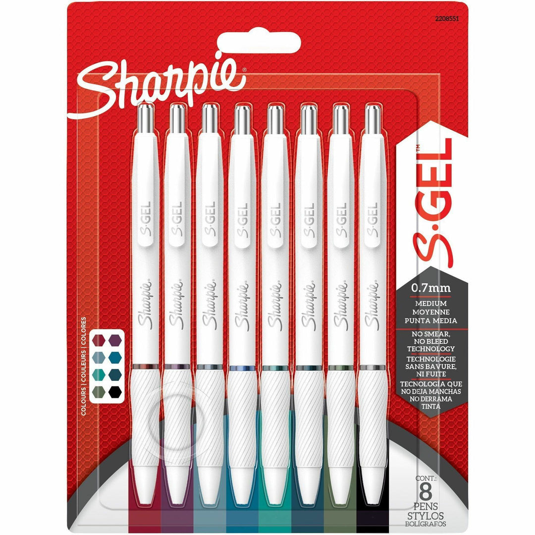 Image of Sharpie® S-Gel S-Gel Fashion Barrel Gel Pen, Retractable, Medium 0.7 mm, Assorted Ink, White Barrel, 8/Pack