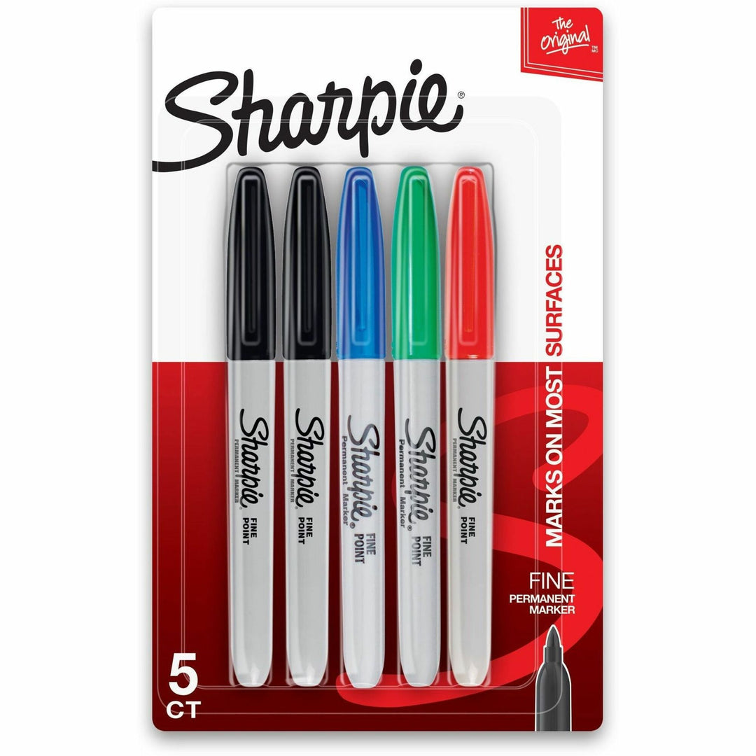 Image of Sharpie® Fine Tip Permanent Marker, Fine Bullet Tip, Assorted Ink Colors, 5/Pack