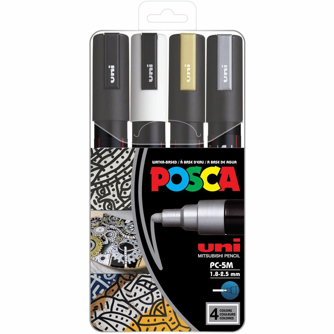 Image of uniball™ PC5M4C POSCA Paint Marker, Erasable, Washable, Black, White, Gold, Silver Ink, Water Based, 4 / Pack