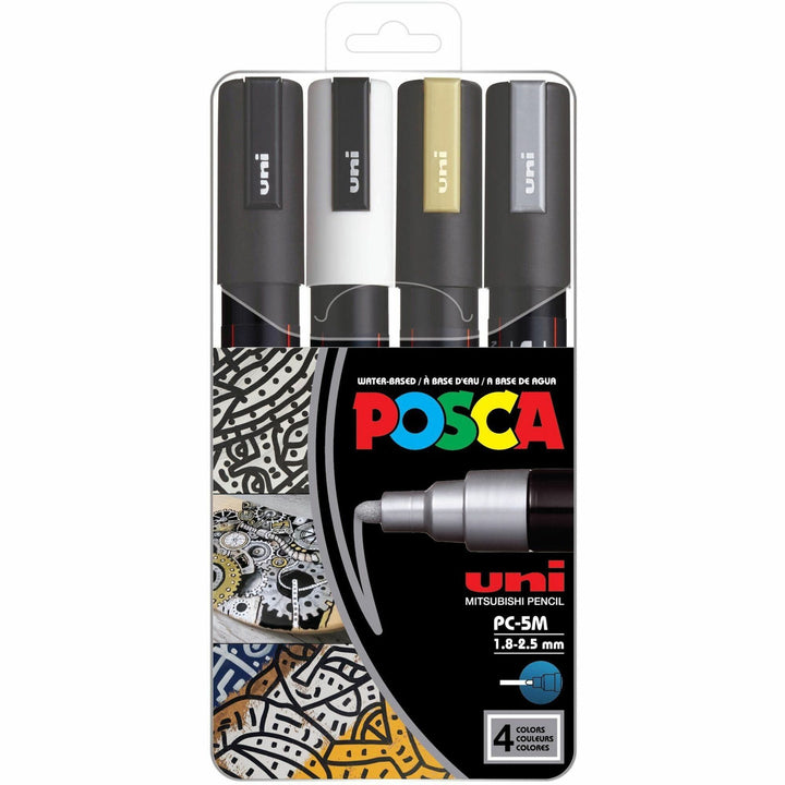 Image of uniball™ PC5M4C POSCA Paint Marker, Erasable, Washable, Black, White, Gold, Silver Ink, Water Based, 4 / Pack