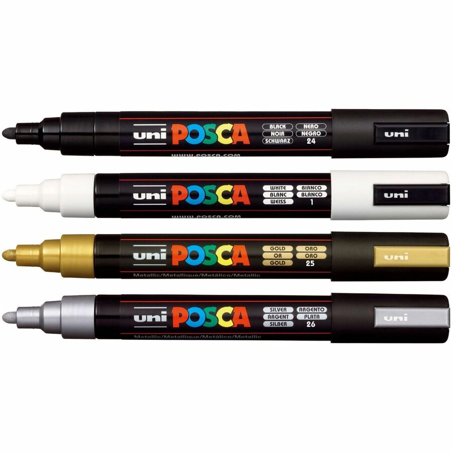 Image of uniball™ PC5M4C POSCA Paint Marker, Erasable, Washable, Black, White, Gold, Silver Ink, Water Based, 4 / Pack