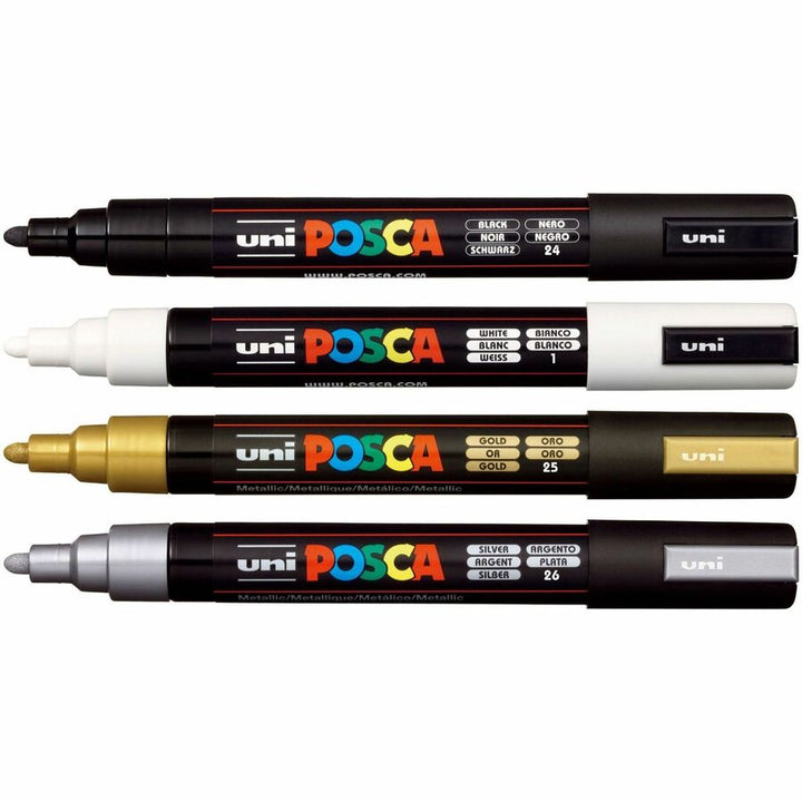 Image of uniball™ PC5M4C POSCA Paint Marker, Erasable, Washable, Black, White, Gold, Silver Ink, Water Based, 4 / Pack