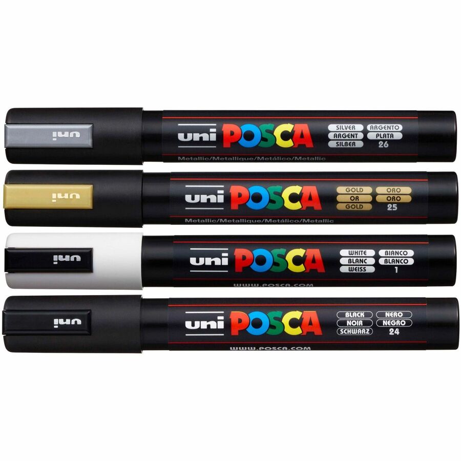 Image of uniball™ PC5M4C POSCA Paint Marker, Erasable, Washable, Black, White, Gold, Silver Ink, Water Based, 4 / Pack