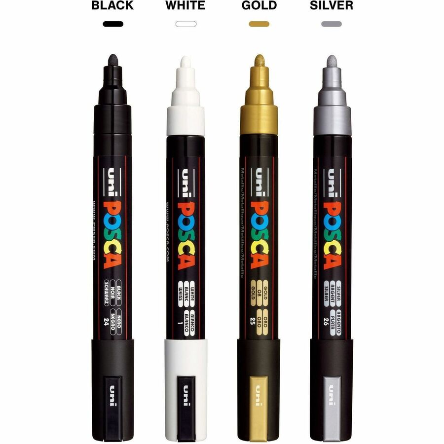 Image of uniball™ PC5M4C POSCA Paint Marker, Erasable, Washable, Black, White, Gold, Silver Ink, Water Based, 4 / Pack