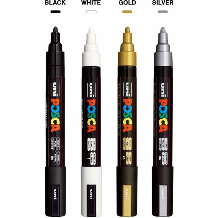 Image of uniball™ PC5M4C POSCA Paint Marker, Erasable, Washable, Black, White, Gold, Silver Ink, Water Based, 4 / Pack