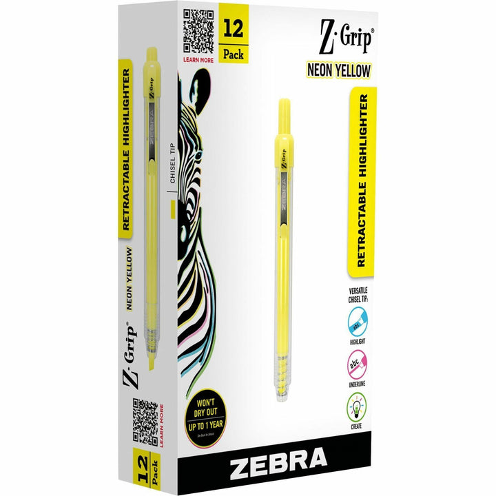 Image of Zebra® Z-Grip Retractable Highlighter Markers, Neon Yellow Ink, Chisel Tip, Neon Yellow Barrel, Dozen
