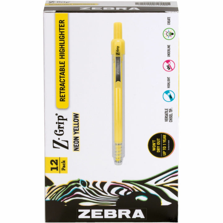 Image of Zebra® Z-Grip Retractable Highlighter Markers, Neon Yellow Ink, Chisel Tip, Neon Yellow Barrel, Dozen