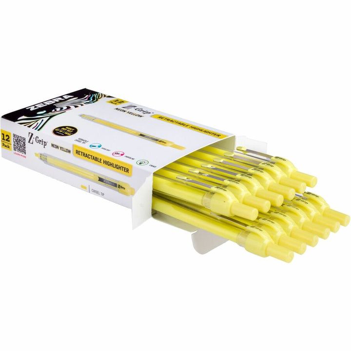 Image of Zebra® Z-Grip Retractable Highlighter Markers, Neon Yellow Ink, Chisel Tip, Neon Yellow Barrel, Dozen
