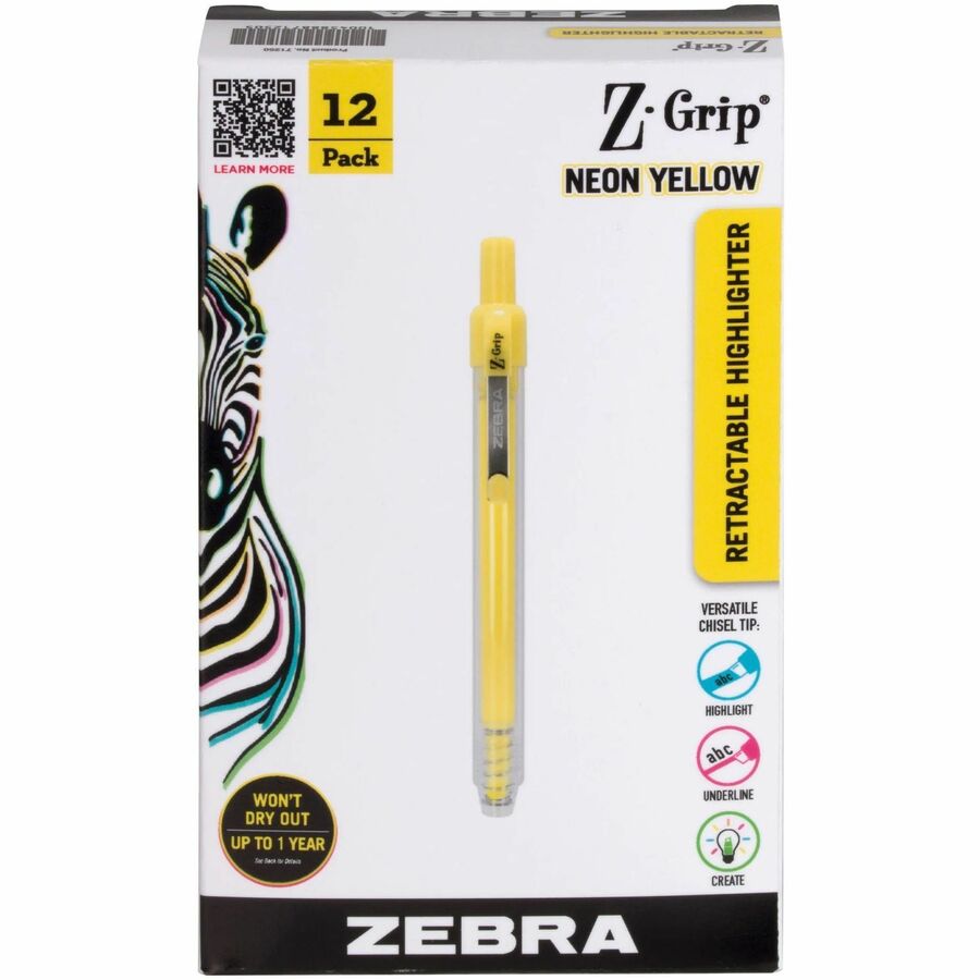 Image of Zebra® Z-Grip Retractable Highlighter Markers, Neon Yellow Ink, Chisel Tip, Neon Yellow Barrel, Dozen