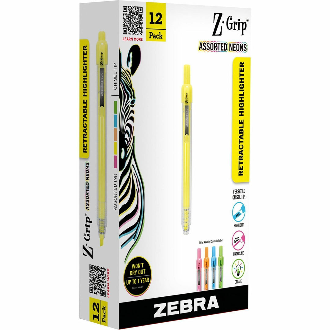 Image of Zebra® Z-Grip Retractable Highlighter Markers, Assorted Neon Ink, Chisel Tip, Assorted Neon Barrel, Dozen