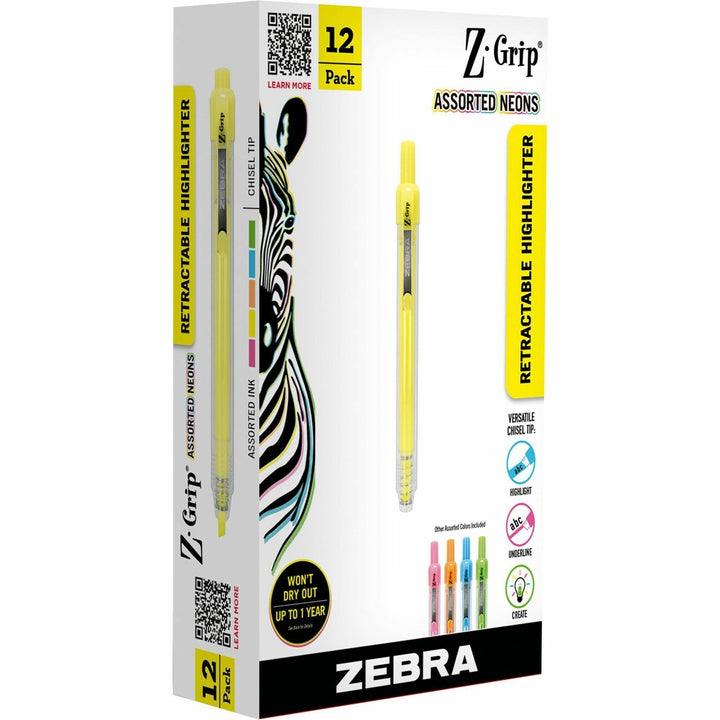 Image of Zebra® Z-Grip Retractable Highlighter Markers, Assorted Neon Ink, Chisel Tip, Assorted Neon Barrel, Dozen
