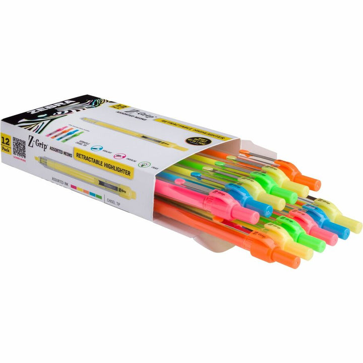 Image of Zebra® Z-Grip Retractable Highlighter Markers, Assorted Neon Ink, Chisel Tip, Assorted Neon Barrel, Dozen