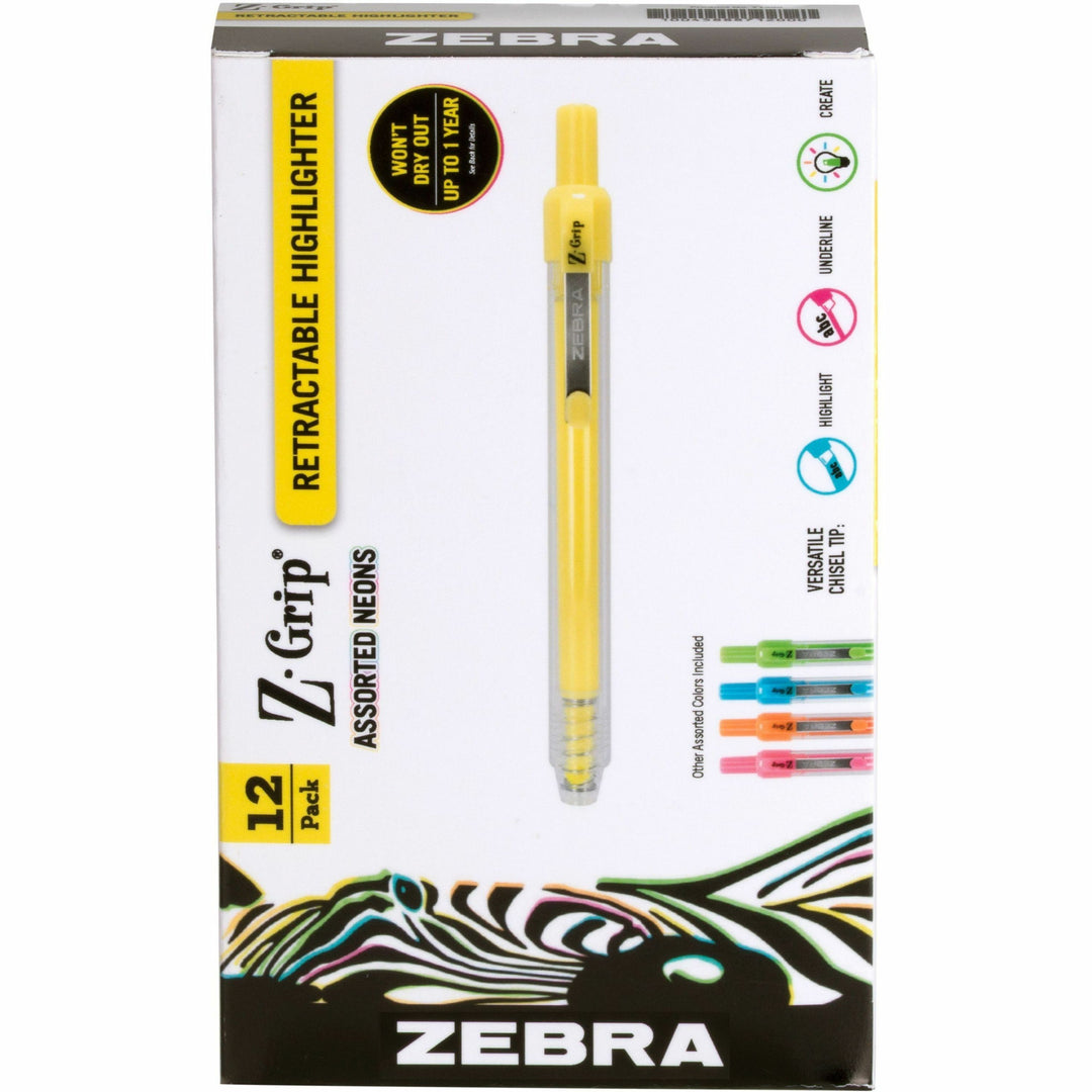Image of Zebra® Z-Grip Retractable Highlighter Markers, Assorted Neon Ink, Chisel Tip, Assorted Neon Barrel, Dozen