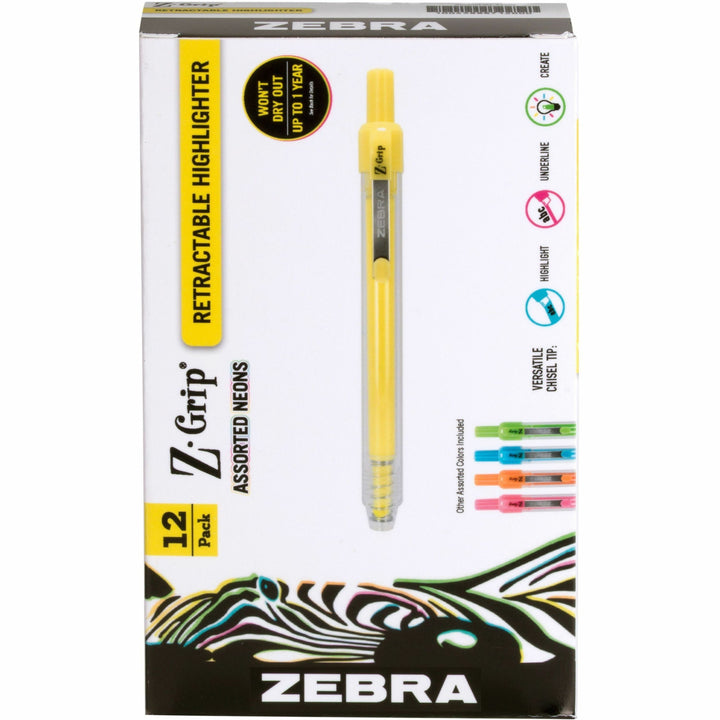 Image of Zebra® Z-Grip Retractable Highlighter Markers, Assorted Neon Ink, Chisel Tip, Assorted Neon Barrel, Dozen