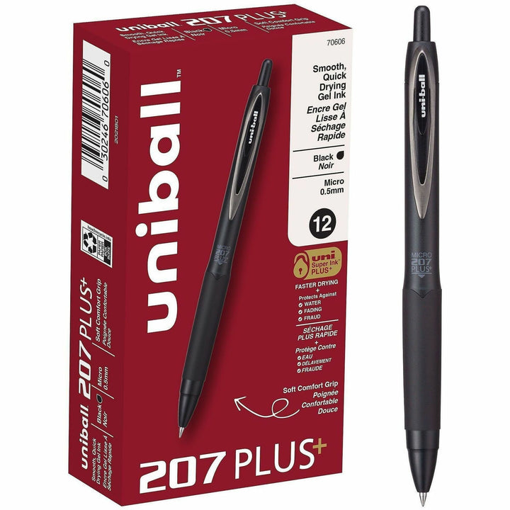 Image of uniball® 207 Plus+ Gel Pen, Retractable, Micro 0.5 mm, Black Ink, Black Barrel, Dozen